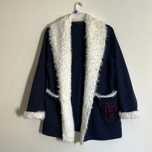 Tommy Hilfiger Blue & White Fuzzy Trim Open Cardigan